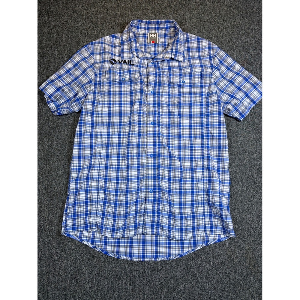 Helly Hansen Mens Blue Plaid Short Sleeve Button Down Shirt Vail Logo Medium